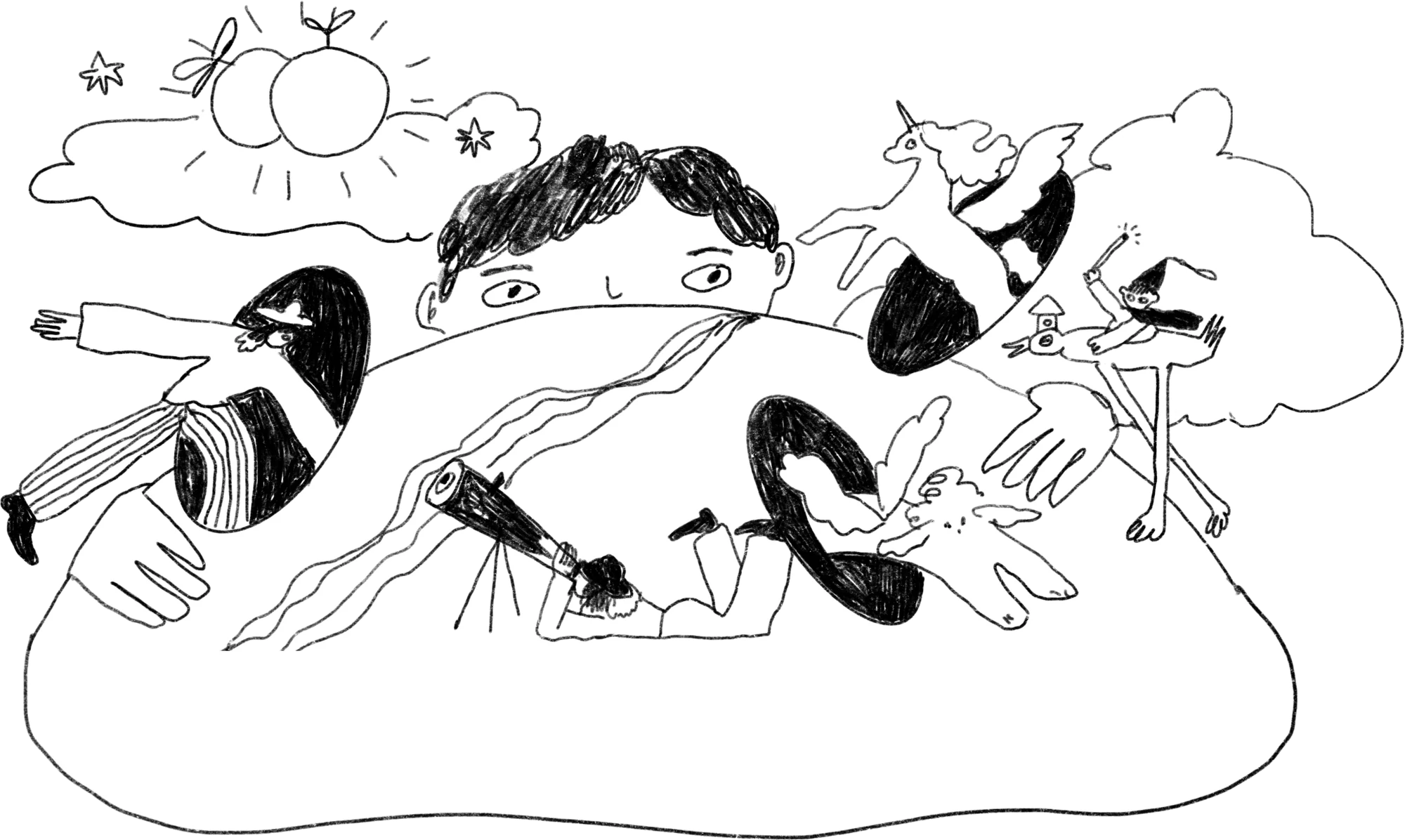 A drawing of a curious figure peeking over a hill full of open portals, a unicorn, a telescope and other possible worlds