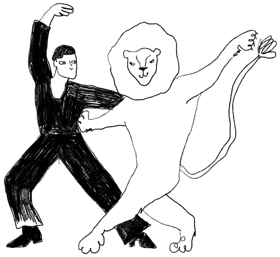 A drawing of a man in black dancing a tango with a white lion